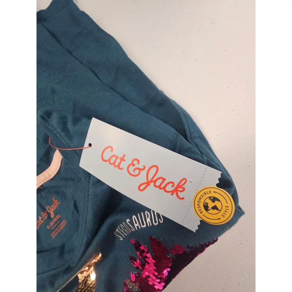 NWT Cat & Jack Sequins Dinosaur Long Sleeve Top Size 6/6X